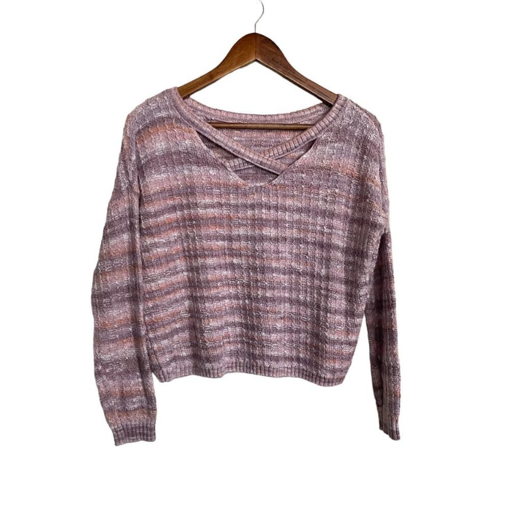 Hollister Womens Pink Striped Semi Cropped Cage Strappy Neck Sweater Medium